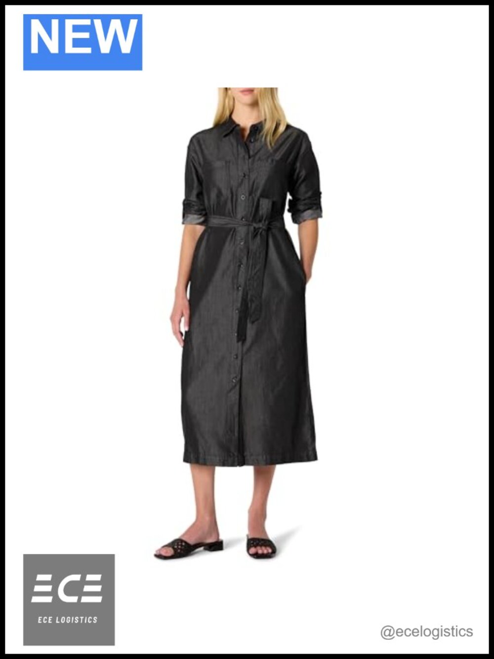 Women's Regular-Fit Denim Chambray Long-Sleeve Button-Up Midi Shirtdress